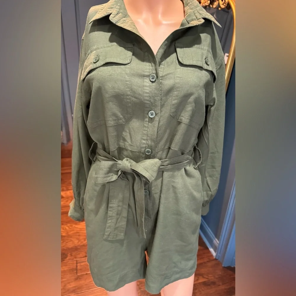 Banana Republic XS Petite Olive Linen Blend Belted Utility Romper